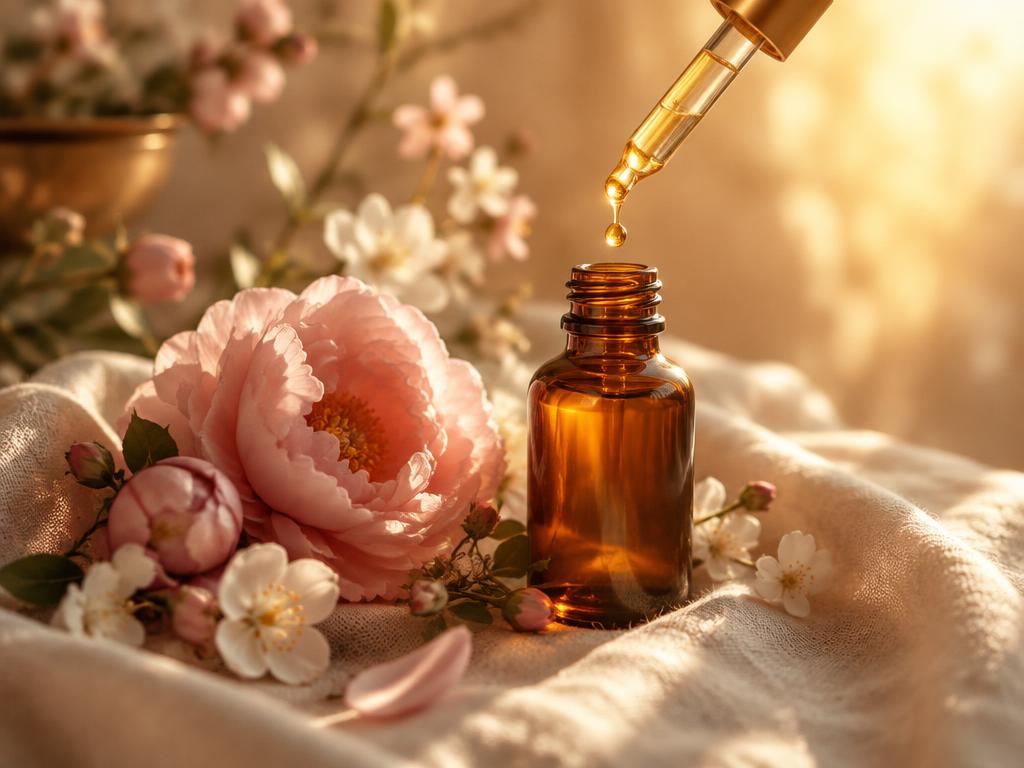 A golden drop of flower essence falling from a dropper into an amber bottle beside pink roses