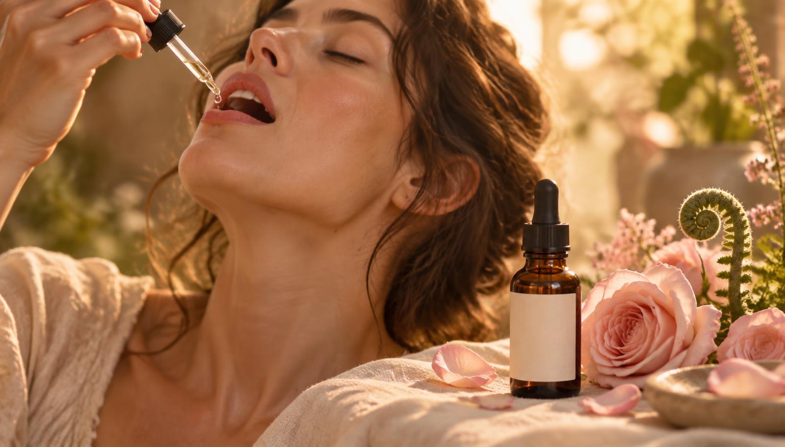 A person taking drops of flower essence under the tongue, beside an amber dropper bottle and blush roses in golden light
